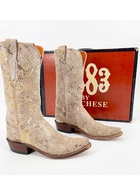 Lucchese Beige Stone Embroidered Western Boots 7